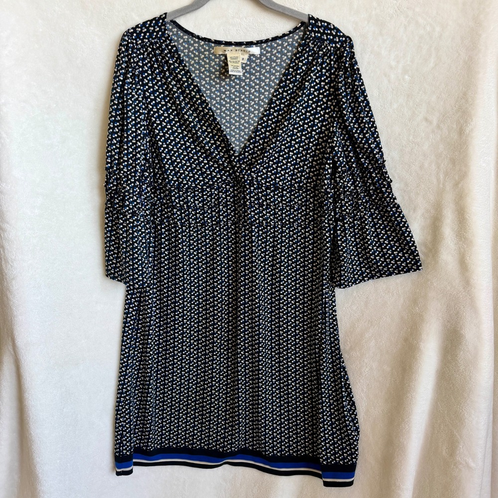 Max Studio Womens Black Cream Blue Clustered Dot Print Bell Sleeve Dress Sz S